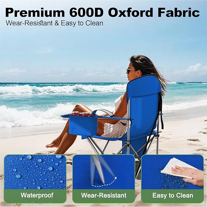 Folding Camping Chairs Durable 600D Oxford, Portable Outdoor Chair with Cooler Pouch, Cup Holder & Storage Pocket for Camping, Beach, Fishing