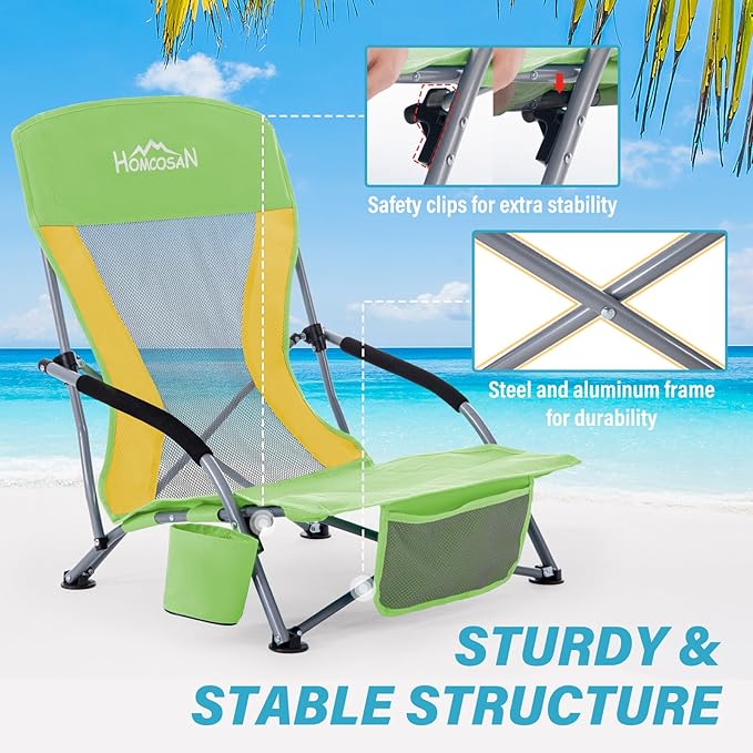Homcosan Portable Low Folding Beach Chairs Set of 2 - Lightweight Camping Chairs for Adults with Cup Holder & Storage Pockets, Carry Bag Included (Green & Yellow)