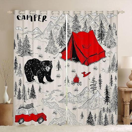 Feelyou Camper Camping Curtains for Bedroom Living Room Rustic Farmhouse Bear Blackout Shades Happy Camping Room Darkening Curtain Window Treatments, 2 Panels 52 x 84 Inch Decor