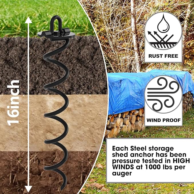 Eurmax USA 4-Pc Pack Spiral Stakes Heavy Duty Anchor Kit Ice Screw Anchor for Trampoline, Tents, tarps, Canopies,car Ports,Dog tie Out and etc Bonus Tie Down Straps 4-Pc Pack (Black)