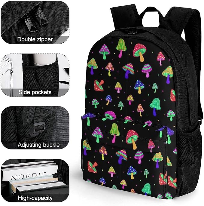 Men Women Lightweight Neon Mushrooms Colorful Backpack Large Capacity Bookbag With Smooth Zippers for Gym Business Running