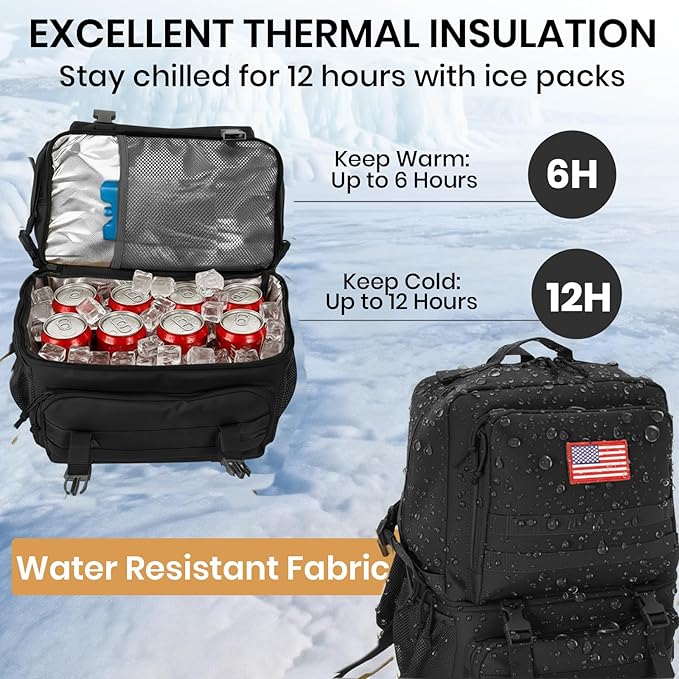 Tactical Cooler Backpack for Men, 41L Insulated Leakproof Lunch Backpack with 16” Laptop Compartment, Heavy Duty Double Deck Soft Cooler Bag for Work, Fishing, Camping, Hiking – Black