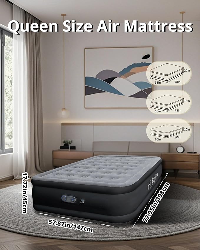 Queen Air Mattress with Built in Pump Raised,Comfort Plush-Inflatable Blow Up Mattress, Portable Double Air Bed for Home, Guests, Camping (Grey, 18” Height)