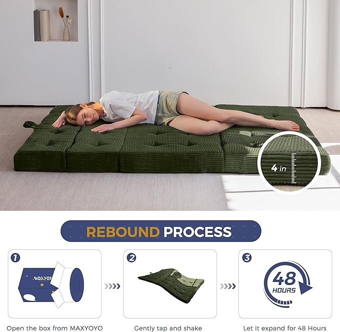 MAXYOYO Folding Mattress, 4 Inch Tufted Foldable Mattress Full Foam Bed, Tri-Fold Floor Couch with Handles Guest Bed Topper Portable Camping Mat with Corded Fabric, Queen Size, Dark Green