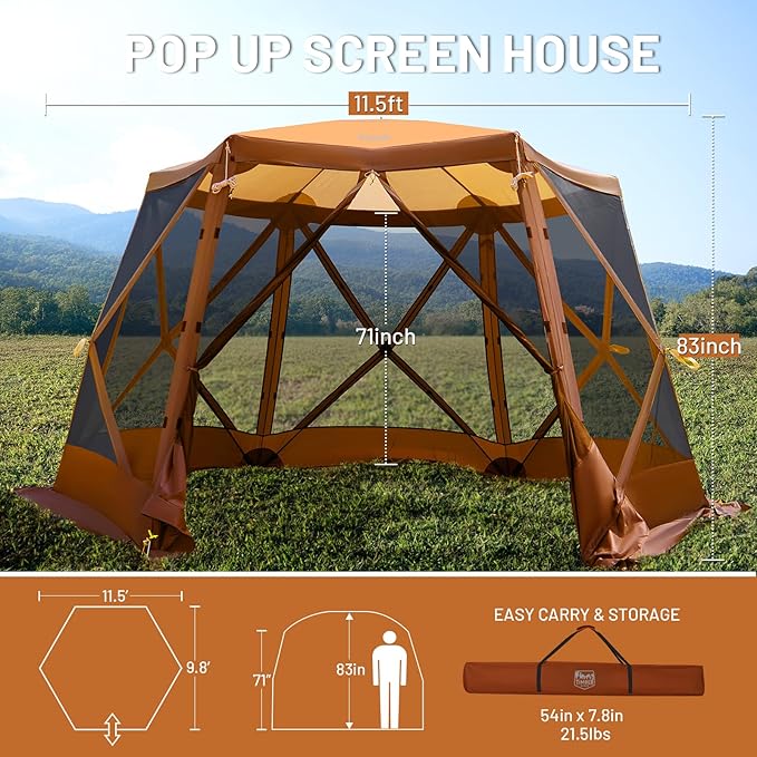 TIMBER RIDGE Easy Pop Up Gazebo Canopy Tent for Camping, 11.5 X 9.8 Ft Portable Instant Screenhouse, Pop Up Screened in Canopy with Netting for Backyard, Patio, Outdoor, Tailgating, Picnics, Orange