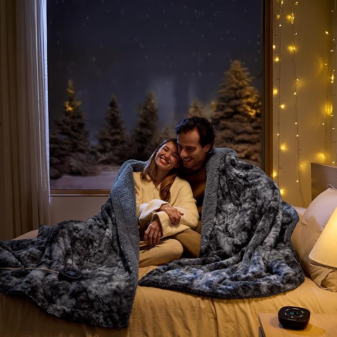 Bedsure Faux Fur Electric Blanket Queen Size, Dual Control Heated Blanket Queen, Fast Heating Blanket with 10 Heating Levels & 10 Time Settings, Cozy Gifts for Women Men (84x90 inches, Grey)