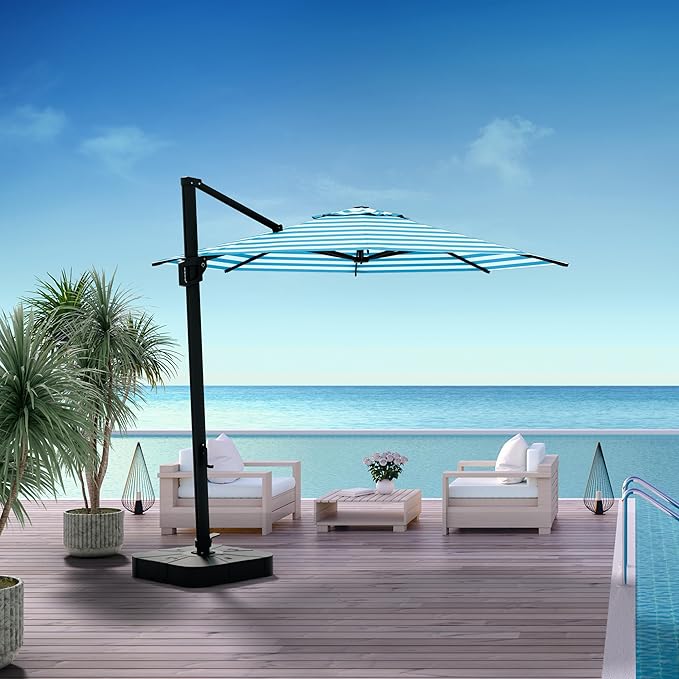 Midtown Umbrellas 10 Ft Outdoor Cantilever Patio Umbrella w/Terylast Cobalt Stripes Fabric - Tilt 360° Offset Patio Umbrella, Deck Patio Umbrella, Backyard Umbrella & Garden Umbrella - Black Frame