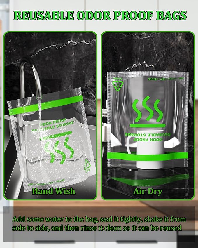 Smell Proof Food Bags - 8.5 x 10 Inch Smell Proof Freezer Bags for Camping and Food Storage - Reusable Odor Proof Bags Stand Up Clear Double Zip and Odor Control(5 Pack)