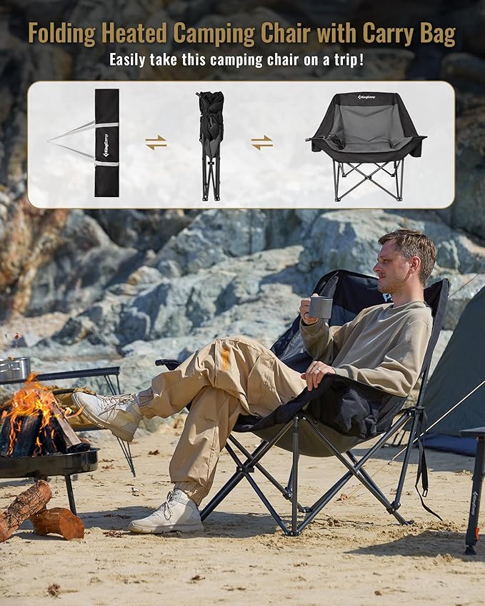 KingCamp Heated Oversized XL Camping Chair, Heavy Duty 500lbs Folding Couch for Adults, Padded Large Comfortable Sofa Seat 3 Heat Levels with Cooler Bag for Outdoor Sports Fishing Lawn, Black/Grey