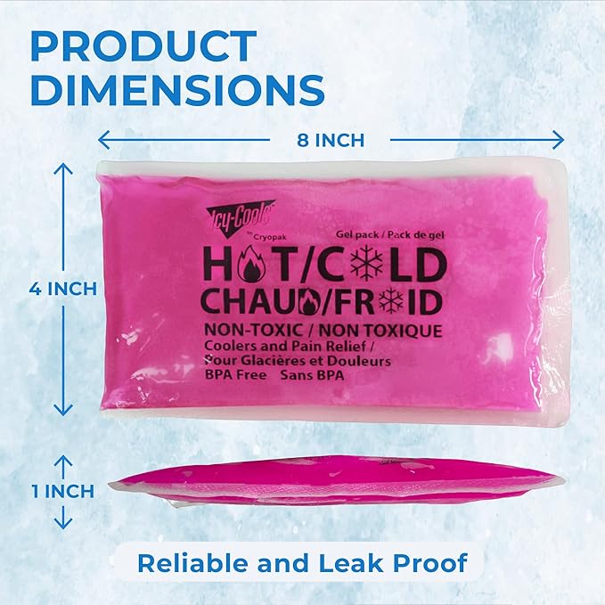 ICY-COOLS 3 Pack Reusable Hot or Cold Gel Ice Packs for Injuries, Multipurpose Ice Packs for Lunch Boxes, Long-Lasting Cold Therapy for Pain Relief, 4 x 8 Inches (Pink)