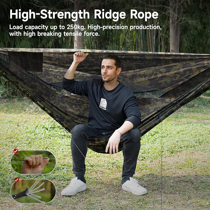 Camping Hammock with Mosquito Net and Sunshade, Backpacking Hammock with Ridge Rope Tree Straps, Lightweight Portable Hammocks for Outside, Hiking, and Travel