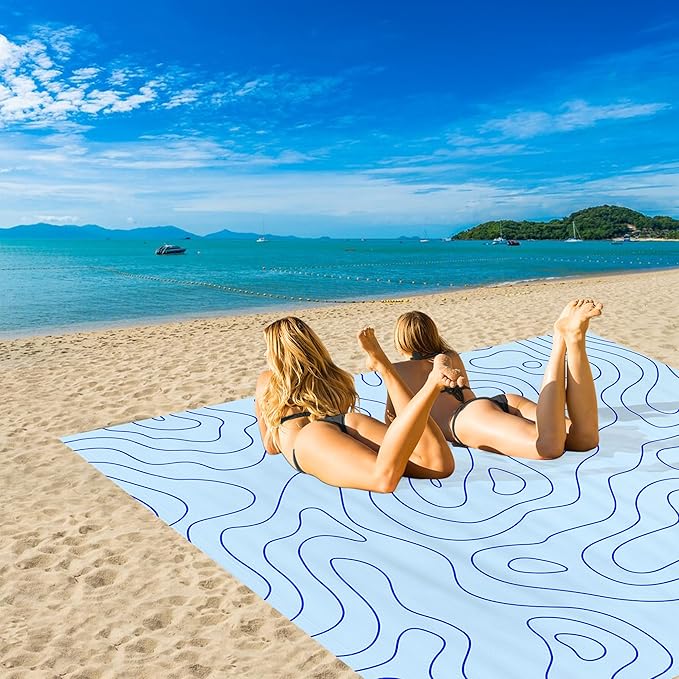 Beach Blanket Waterproof Sandproof, 78''×86'' Large Sand Free Picnic Blanket for 1-4 Adults, Big Foldable Blue Beach Travel Mat with 4 Stakes & Corner Pockets for Outdoor, Grass, Park, Patio