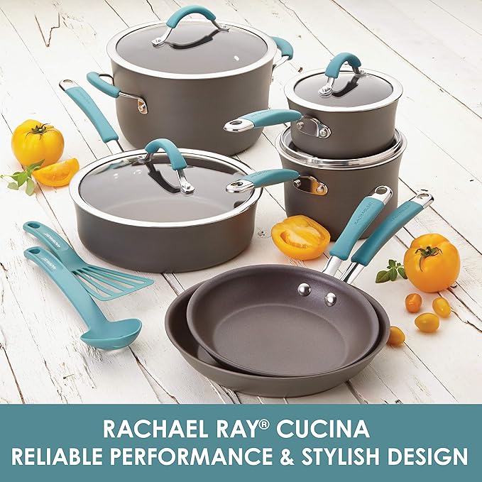 Rachael Ray Cucina Hard Anodized Nonstick Cookware Pots and Pans Set, 12 Piece, Gray & Kitchen Tools and Gadgets Nonstick Utensils/Lazy Spoonula, Solid and Slotted Spoon, 3 Piece, Marine Blue