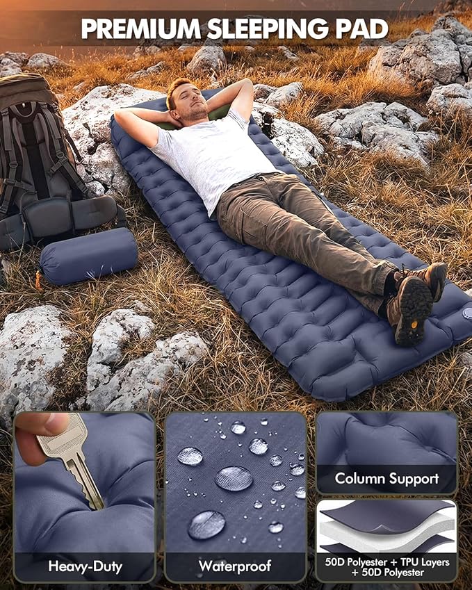 Ultralight Inflatable Camping Sleeping Pad with Built-in Pillow & Foot Pump, 3” Thick Compact Air Mattress for Backpacking, Hiking, Traveling, Tent Camping, Dark Blue