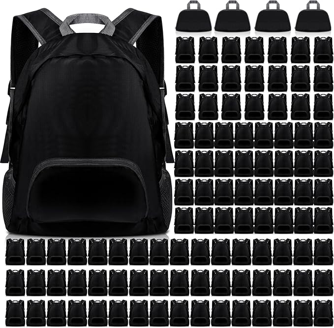 Dunzy 100 Pcs 20l Foldable Backpacks Bulk Lightweight Basic Back Pack Wholesale for Homeless Donation Corporate Events Travel Camping (Black)