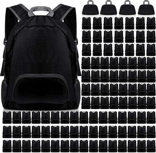 Dunzy 100 Pcs 20l Foldable Backpacks Bulk Lightweight Basic Back Pack Wholesale for Homeless Donation Corporate Events Travel Camping (Black)