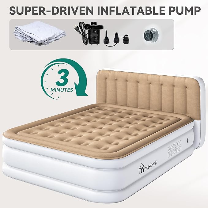 YITAHOME 18'' Flocked Top Queen Air Mattress with Built-in Pump and Headboard, Durable Inflatable Bed, Blow-Up Mattress for Indoor and Outdoor Use, Brown