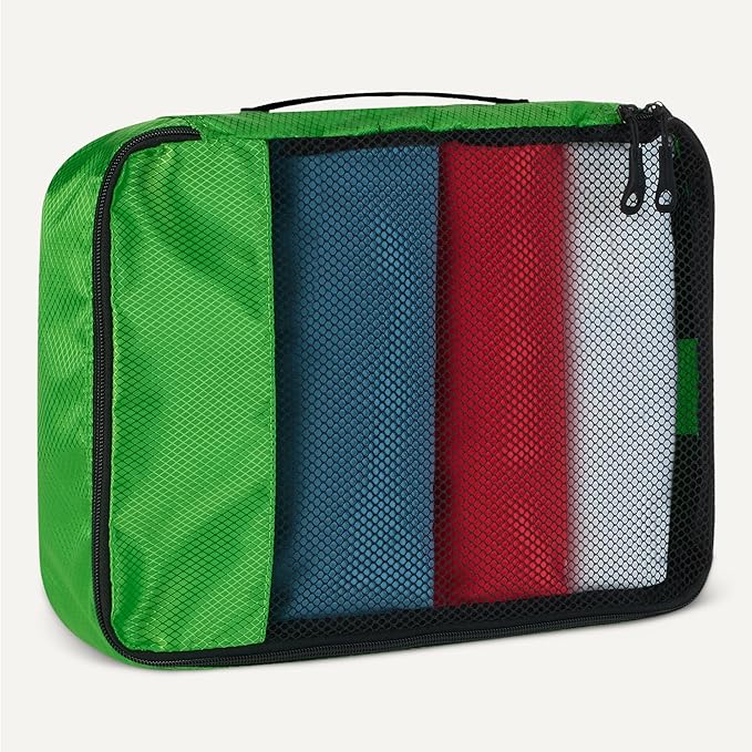 Amazon Essentials 4-Piece Packing Cubes Travel Accessories Set, Luggage Organizer, Suitcase Organizer with Double Zipper, Mesh Top, Space-Saving, 100% Polyester, Green (Previously Amazon Basics)