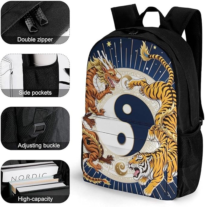 Daypack Backpack Multipurpose Anti-Theft Large Capacity Bookbag, Yin Yang Dragon Tiger Travel Hiking Camping Rucksack With Adjustable Shoulder Straps