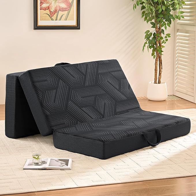 Mattress Topper, 4 Inch Memory Foam Tri-Fold Mattress Twin, Foldable Bed with Washable Cover, Handles and Non-Slip Bottom for Yoga, Guest, Camping, 75"x 38" x 4", Black