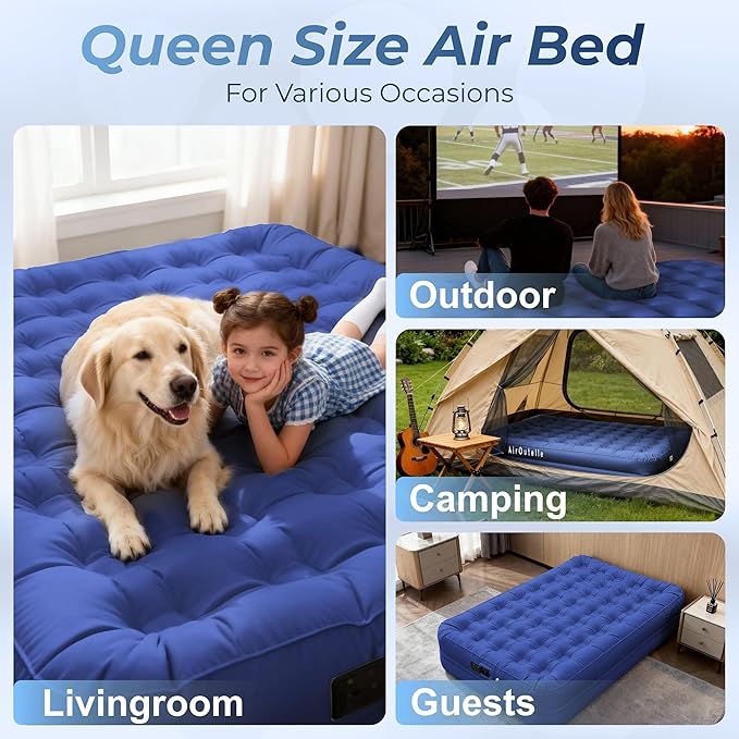 Air Mattress Queen with Built-in Pump - 3 Min Fast Inflation/Deflation Wireless Rechargeable Pump, Portable Camping Air Bed, Cooling Pongee Fabric Blow Up Mattress, (18" Indigo)