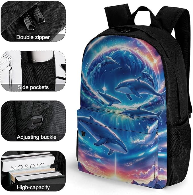 Polyester Daypack for Hiking Work Running, Big Capacity Anti-Theft Multipurpose Shoulder Bag, Galaxy Dolphin Star Space Travel and Sport Backpack Rucksack