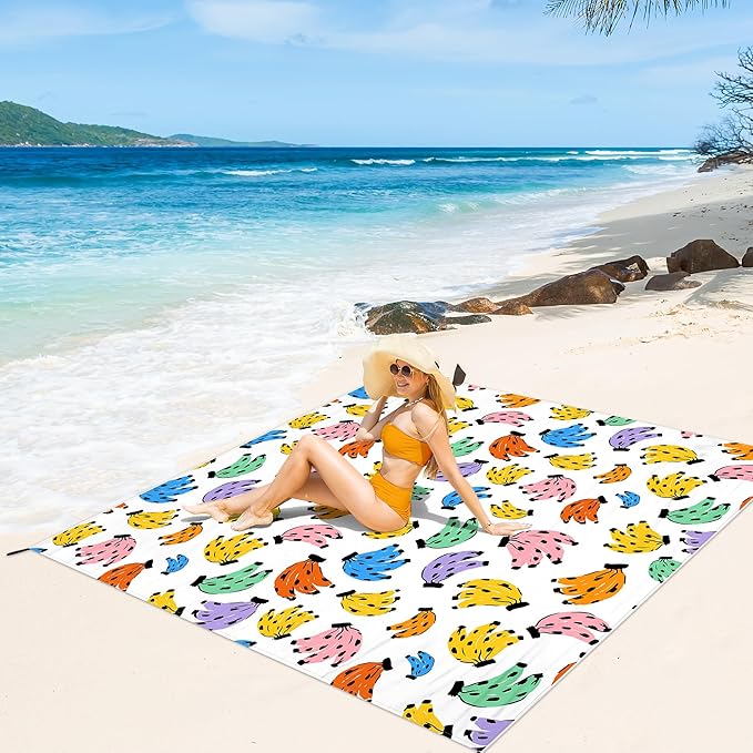 Beach Blanket Waterproof Sandproof Oversized, 110''×118'' Extra Large Beach Mat Sand Free, Lightweight Compact Foldable Picnic Blanket w/ 4 Stakes & Pockets for Camping, Travel, Beach Accessories