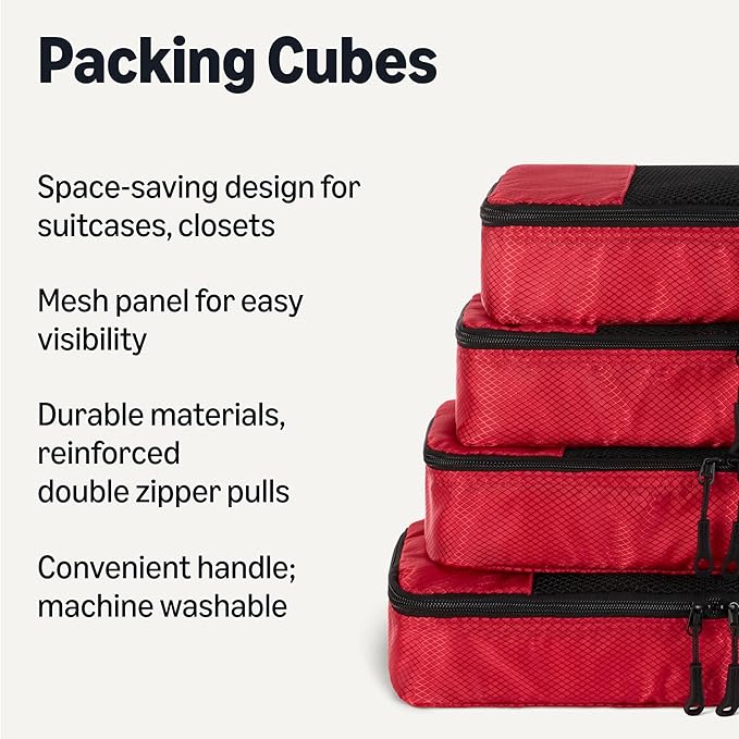 Amazon Essentials 4-Piece Space-Saving Packing Cubes Travel Accessories Set, Luggage Organizer with Double Zipper, Mesh Top, 100% Polyester, Slim, Red (Previously Amazon Basics)