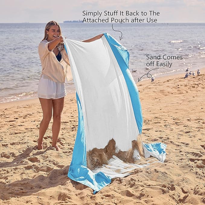 WEKAPO Beach Blanket Sandproof Waterproof, Extra Large Beach Mat, Oversized & Compact Sand Free Mat Quick Drying, Lightweight & Durable with Stakes & Corner Pockets