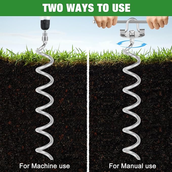 MIXXIDEA 17.5 Inch Gound Anchors Screw in, Metal Spiral Earth Anchors Kit, Heavy Duty Folding Ring Ground Stakes for Tent Trampolines, Garden Fence, Sheds, Swings (Silver, 17.5 Inch with 92in Strap)