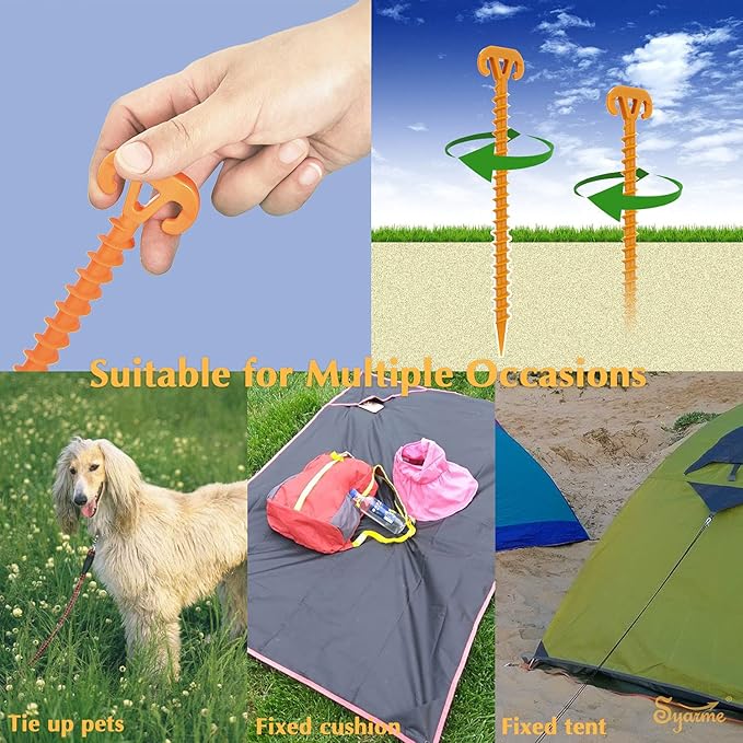 Sand Stakes Beach Ground Anchor 11" Sand Stake,On The Beach and Lawn for Securing Animals,Tents,Canopies and Beach Blankets Etc,Tent Stakes 10pc-Pack Spiral Anchor Stakes,Includes Brush and Bag