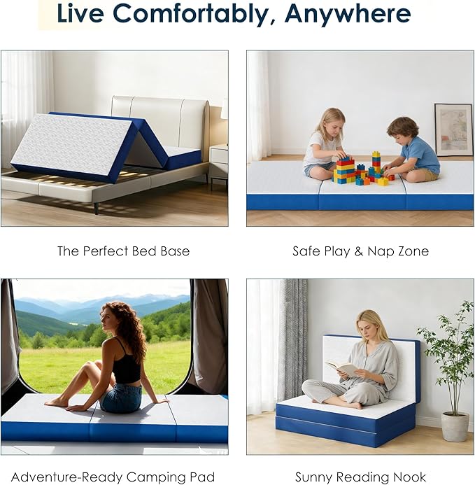 sogesfurniture Twin Size Tri-Fold Mattress，6 inch Folding Mat with Memory Foam & Cooling Gel for Travel & Camping & Yoga, Cover Washable Foldable Mat, CertiPUR-US Certified，White and Bliue