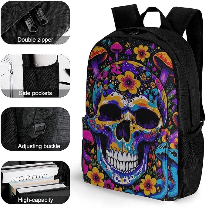 Lightweight Daypack Backpack for Trekking Work Running, Big Capacity Multipurpose Anti-Theft Bookbag, Trippy Skull Head Mushroom Art Business Computer Bag