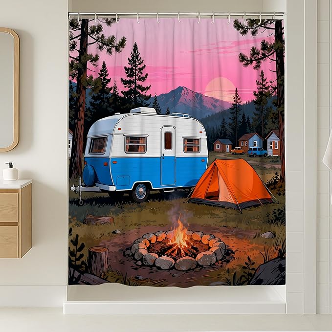Camping Shower Curtain, Outdoor Adventure Tent Campfire Summer Blue Waterproof Fabric Bathtub Cloth Curtains for Home Bathroom Toile Hotel Decor 54x78 Inch