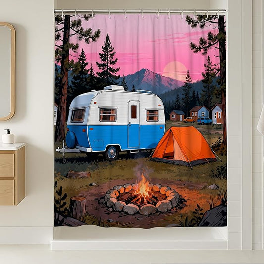 Camping Shower Curtain, Outdoor Adventure Tent Campfire Summer Blue Waterproof Fabric Bathtub Cloth Curtains for Home Bathroom Toile Hotel Decor 54x78 Inch