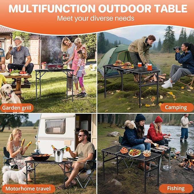 FUNYKICH 3ft Folding Grill Table for Outside 35.4''x15.7'', Max Height 29.4'' Portable Camping Tables, 3 Height Adjustable Lightweight Metal BBQ Table with Carry Handle for Camping, Picnic, BBQ, Black
