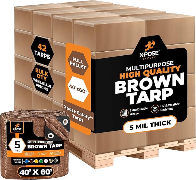 Multipurpose Protective Cover Brown Poly Tarp 40' x 60' - Bulk Full Pallet (42 Pack) Durable, Water Resistant, Weather Resistant - 5 Mil Thick Polyethylene - by Xpose Safety