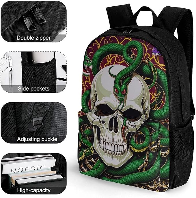 Supdreamc Lightweight Backpack for Gym Travel Bicycle, Big Capacity Multipurpose Anti-Theft Carry On Bag, Medusa Skull Green Snake Art Travel Hiking Bag Day Pack