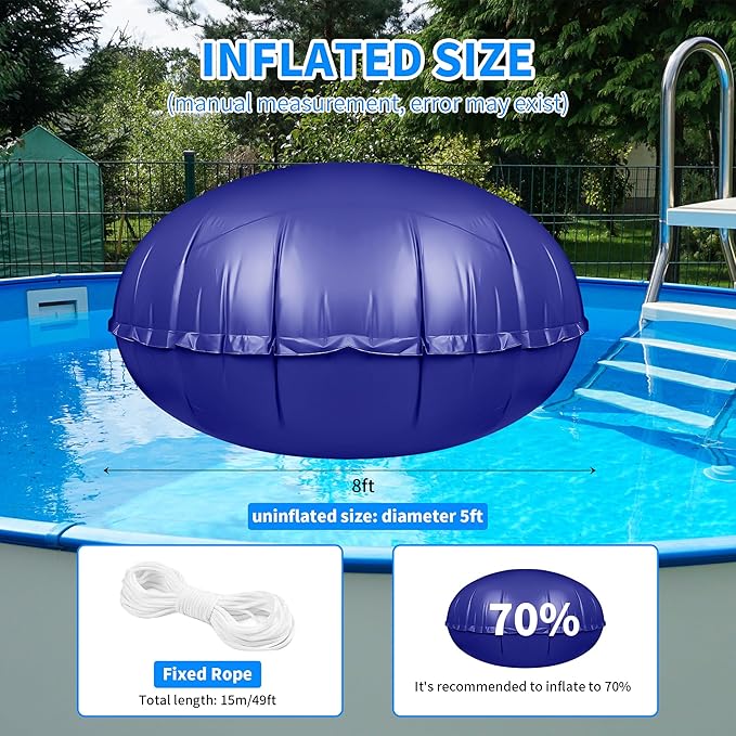 Round Pool Pillow for Above Ground Pools - 8ft Air Pillow for Winterizing, 0.5mm PVC Material, 2x 16.5ft Rope