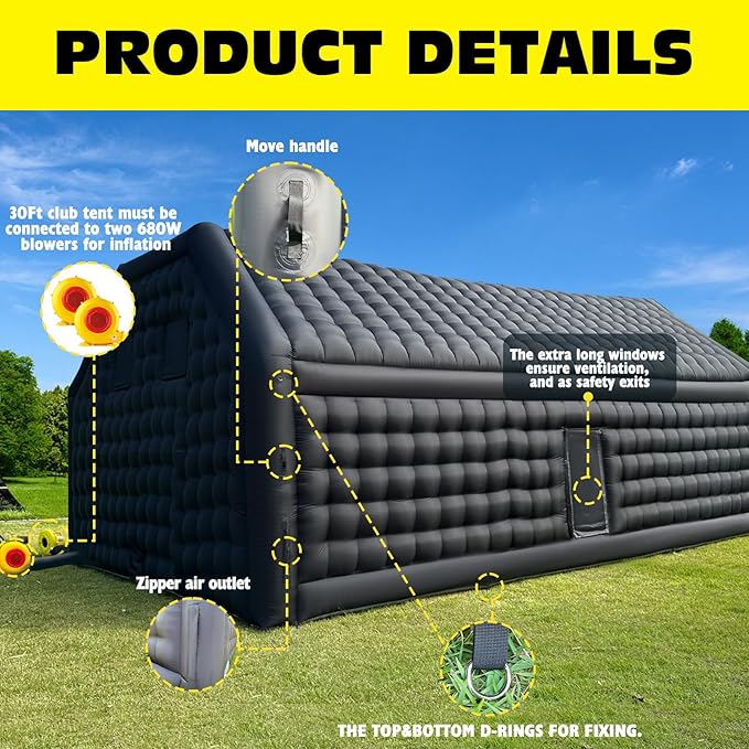 WARSUN 30x20x13Ft Inflatable Nightclub with Two 680W Blowers Large Black Inflatable Night Club Party Tent Disco Cube Gazebo Event House for Birthday, School Events, Backyard Party, Rental Business