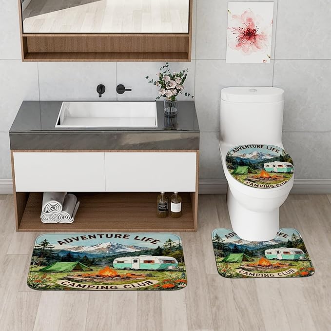 Mountain Shower Curtain Sets, Outdoor Adventure Tent Campfire Summer Green Polyester Waterproof Bathroom Sets with Shower Curtain and Rugs Decorative for Toile Guest Room 72x72 Inch