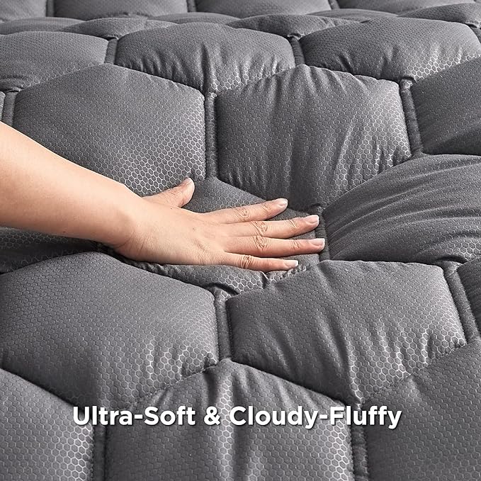 Bedsure RV Short Queen Mattress Pad Cover - Quilted Fitted Mattress Topper Protector with 8-21 Inches Deep Pocket, Noiseless Bed Cover Padded for Camper and Motorhome, Grey, 60x75 Inches