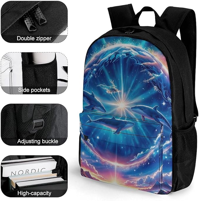 Lightweight Backpack for Gym Travel Bicycle, Big Capacity Multipurpose Anti-Theft Carry On Bag, Galaxy Dolphin Star Space Travel Hiking Bag Day Pack
