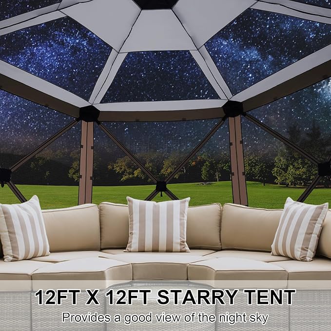 COBIZI Pop Up Gazebo Screen Tent Screen House for Camping, 12x12 Screen Room with Mosquito Netting, Hub Tent Instant Screened Canopy with Carrying Bag and Ground Stakes, Brown