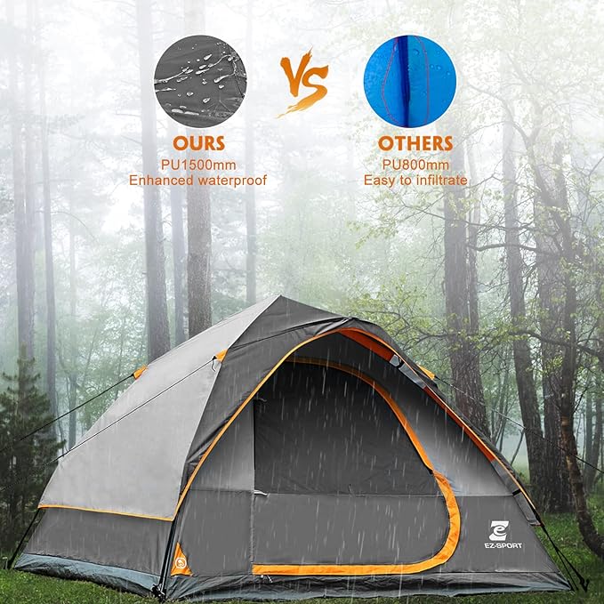 EZ-Sport Pop Up Camping Tent - 4 Person Instant Easy Set Up Family Tent with Removable Rain Fly, Waterproof Windproof Automatic Tent for Outdoor Camping Hiking Backpacking Traveling