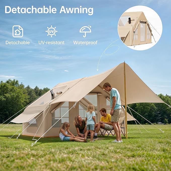 Inflatable Camping Tent with Pump & 1/2 Awnings, 8-14 Person Air Tents for Camping Adult, Large Waterproof Oxford Family Glamping Tent, Quick Setup Big Tent for Outdoor Camping