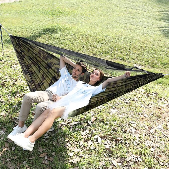 Camping Hammock with Mosquito Net and Ridge Rope, Extra Large for 2 Person, Lightweight Hanging Hammocks Tree Straps, All-in-one Fast Open Hammock for Outside, Hiking, and Travel