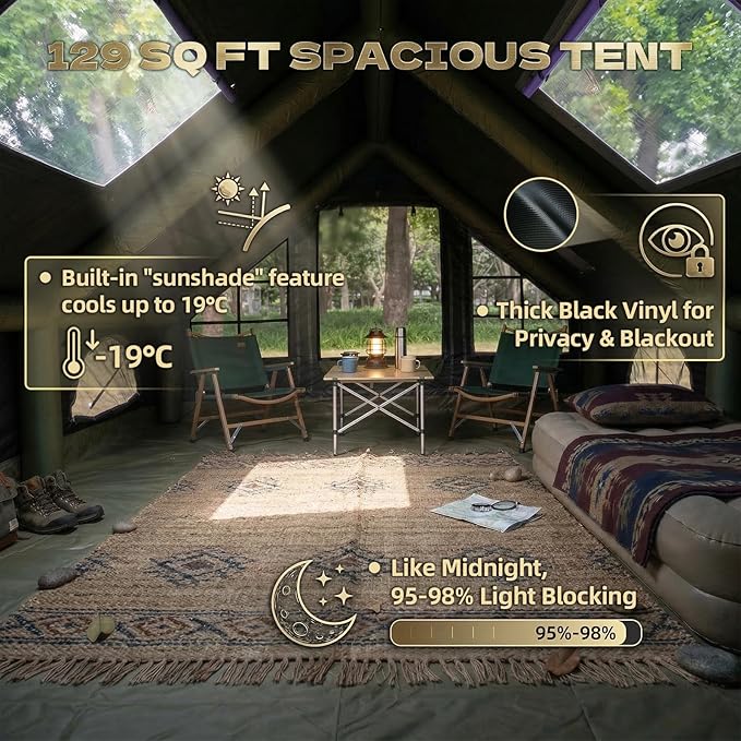 Inflatable Camping Tents 8-10 Person,129 Square Feets Large Inflatable Camping Tent with Stove Jack,Blow up Tent with Mesh Windows & Pump