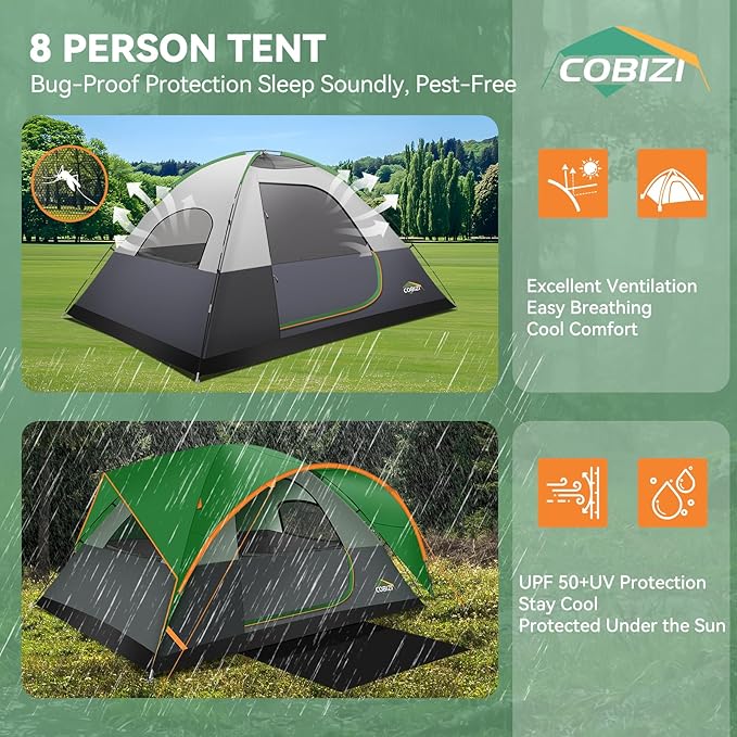 COBIZI 4-6-8-10 Person Camping Tent, Spacious Family Tents for Camping Ideal, Hiking, 3500mm Waterproof Double-Layer Windproof Tent for Hiking & Backpacking