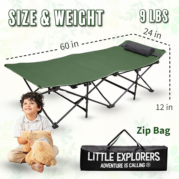 LITTLE EXPLORERS Kids cot, Child Camping and Travel Cot, Kids Cots for Sleeping, Foldable Bed for Kid, Includes Pillow and Bag | Age 3-12 | 60inch